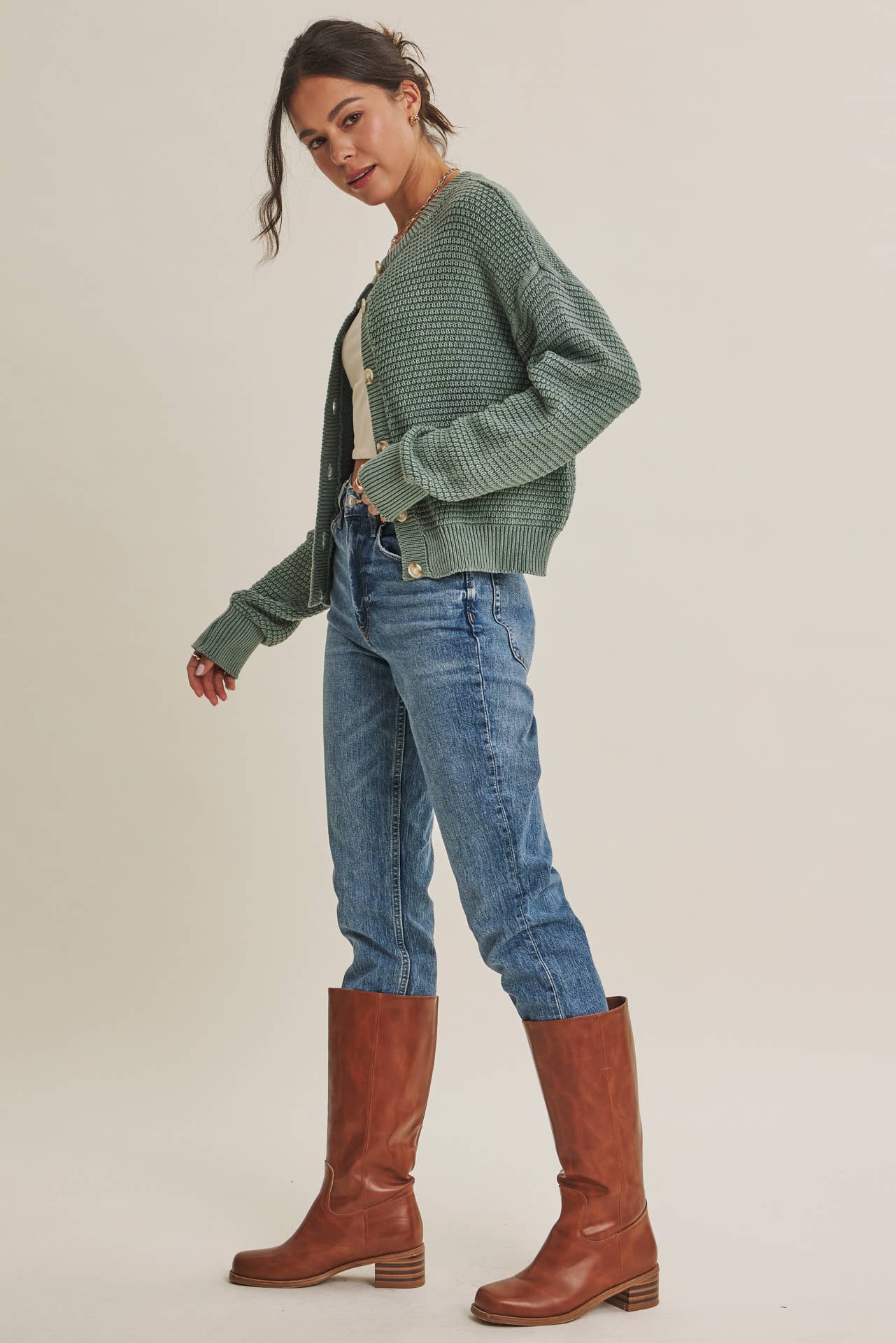 Cotton Waffle Button-Down Cardigan