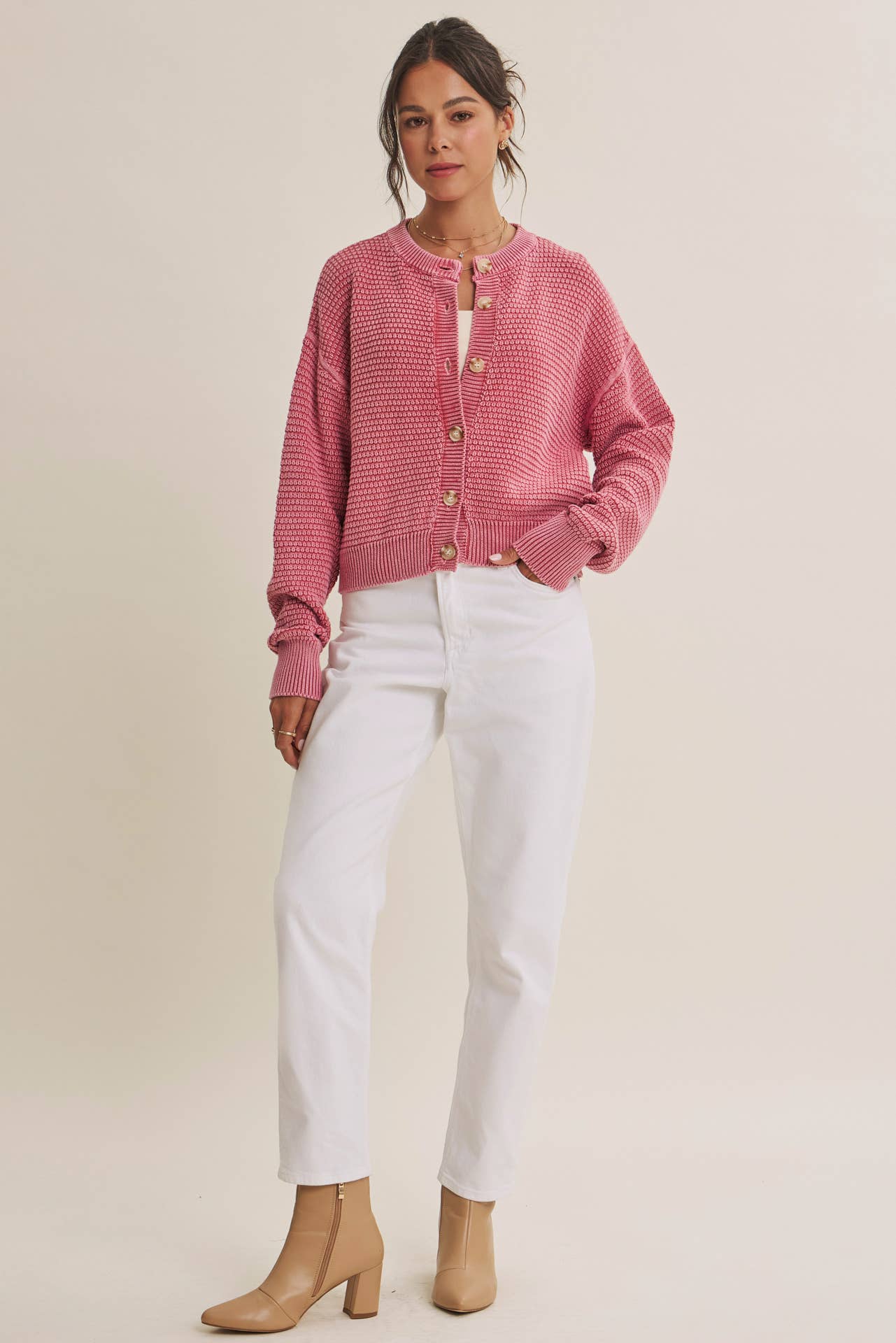 Cotton Waffle Button-Down Cardigan