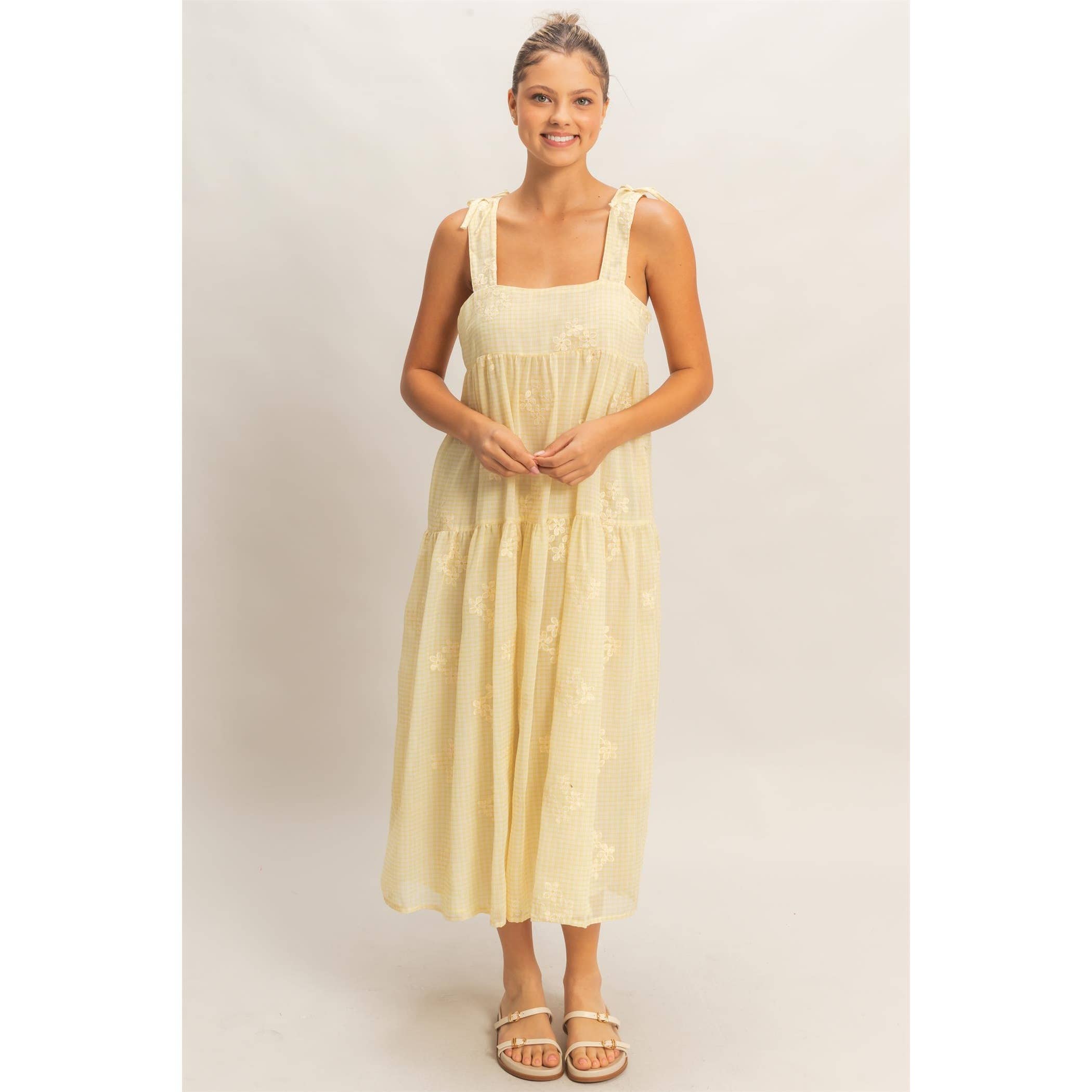 Tiered Gingham Dress With Embroidery