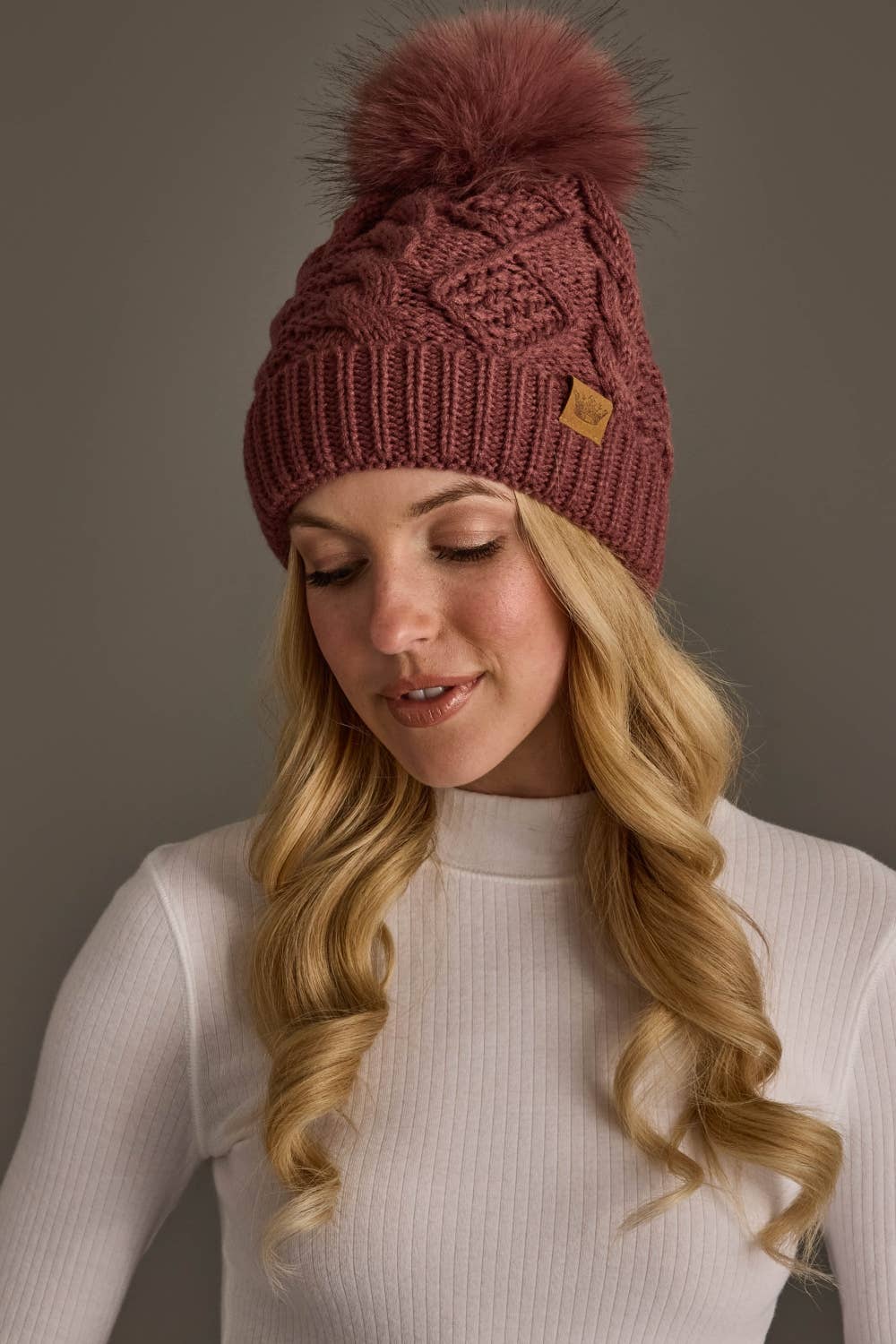 Mauve Cable Knit Pom Hat