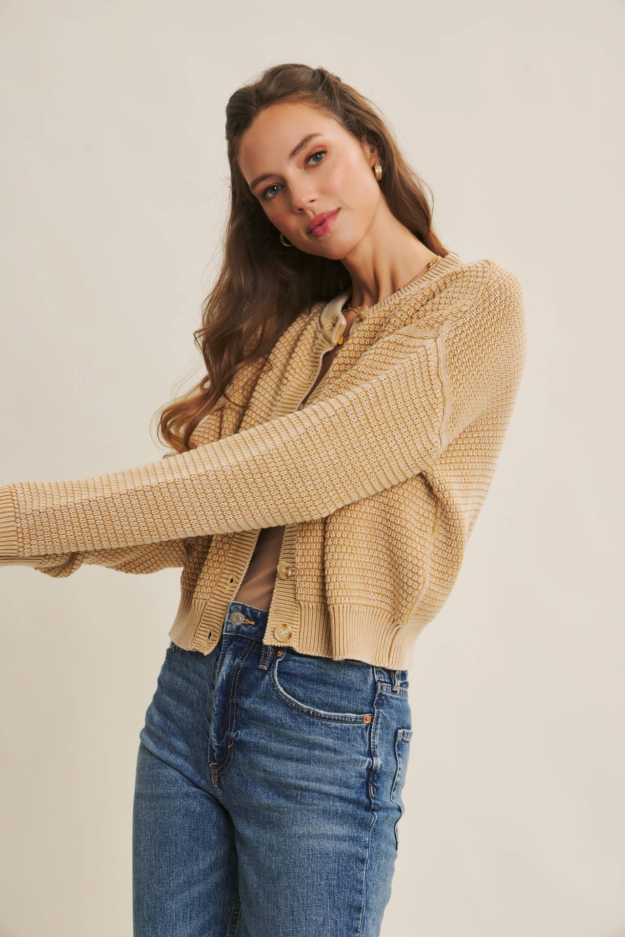 Cotton Waffle Button-Down Cardigan