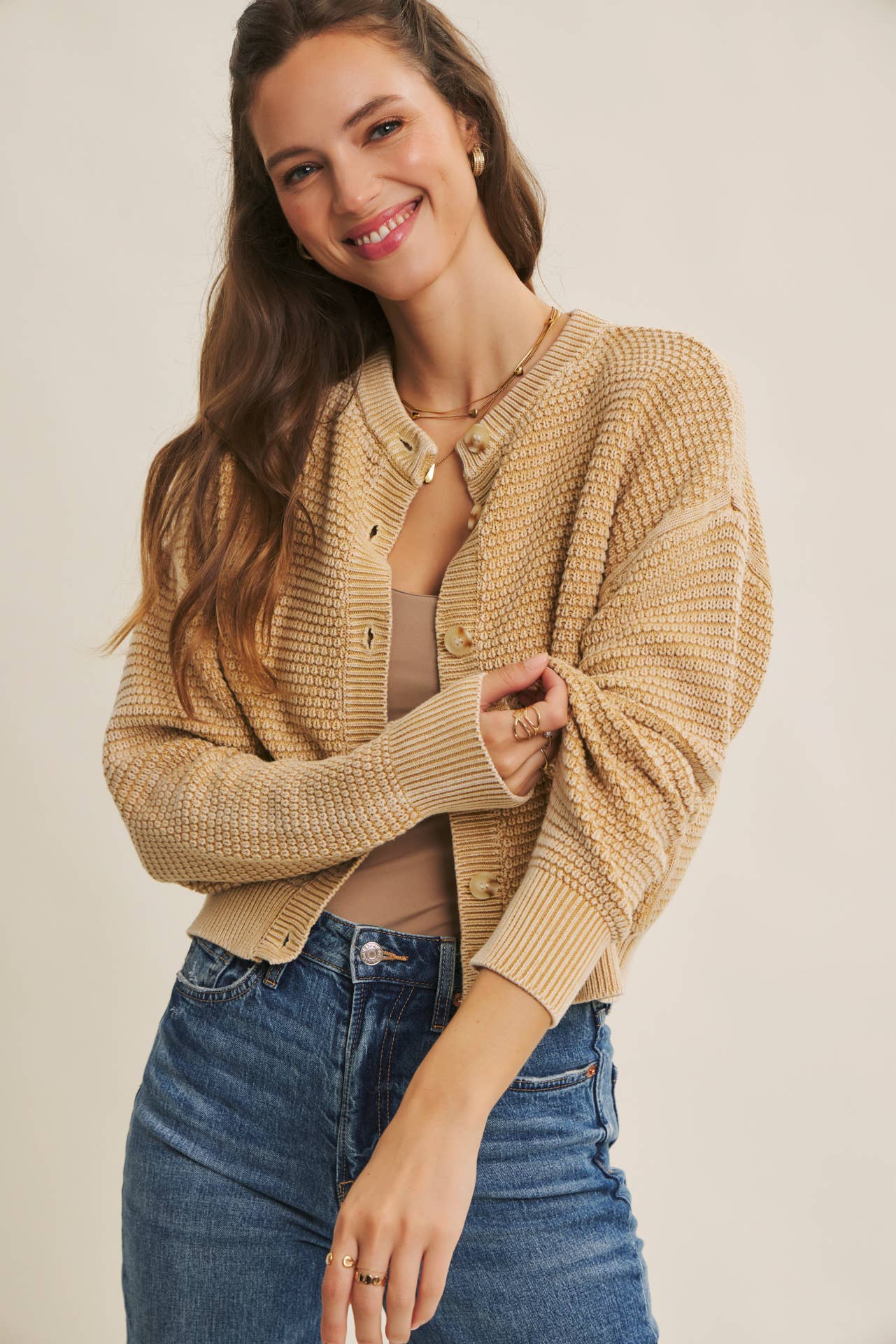 Cotton Waffle Button-Down Cardigan