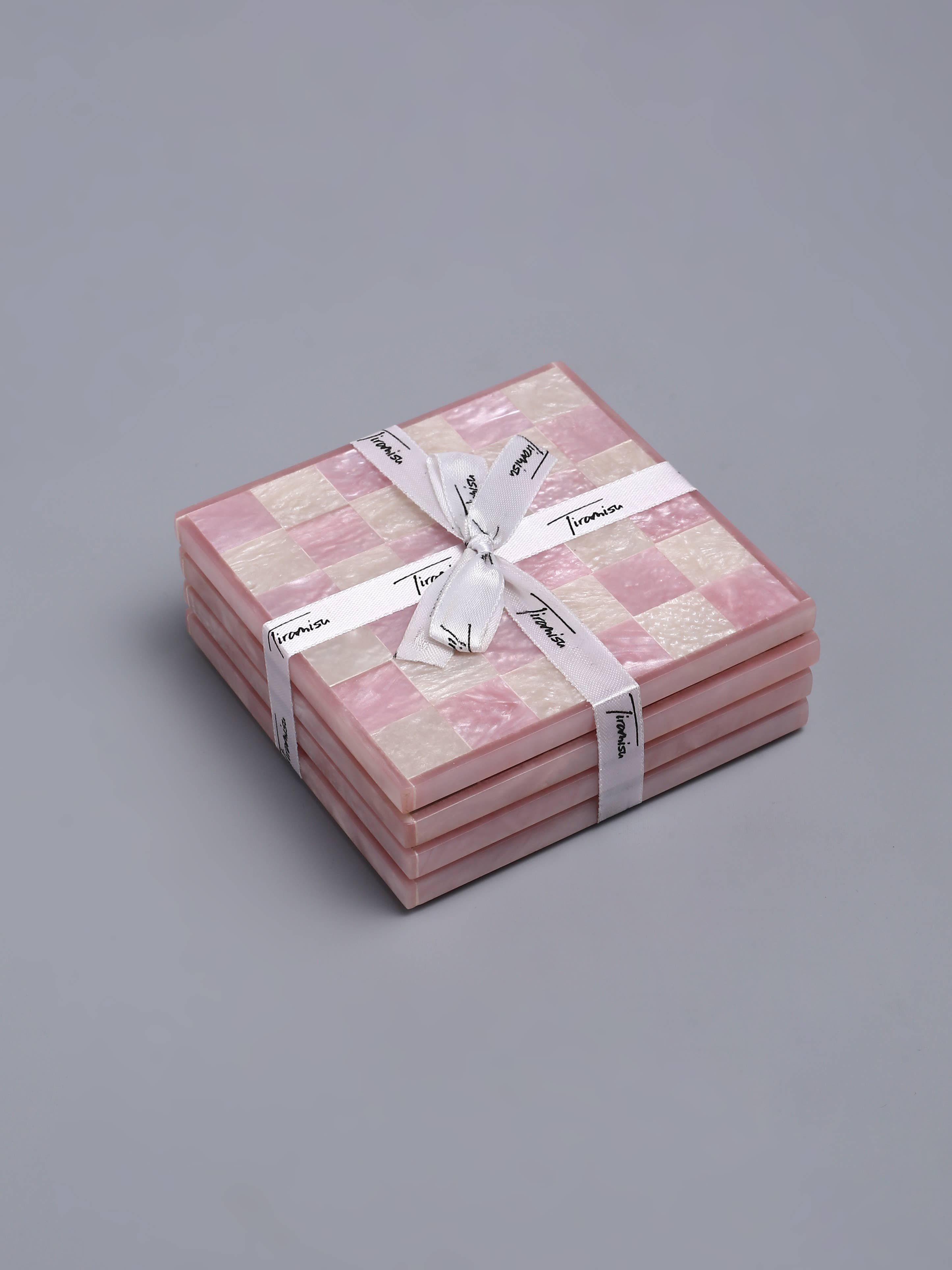 Pink Check Resin Coaster Set