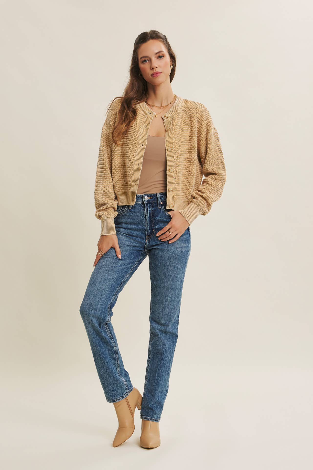 Cotton Waffle Button-Down Cardigan