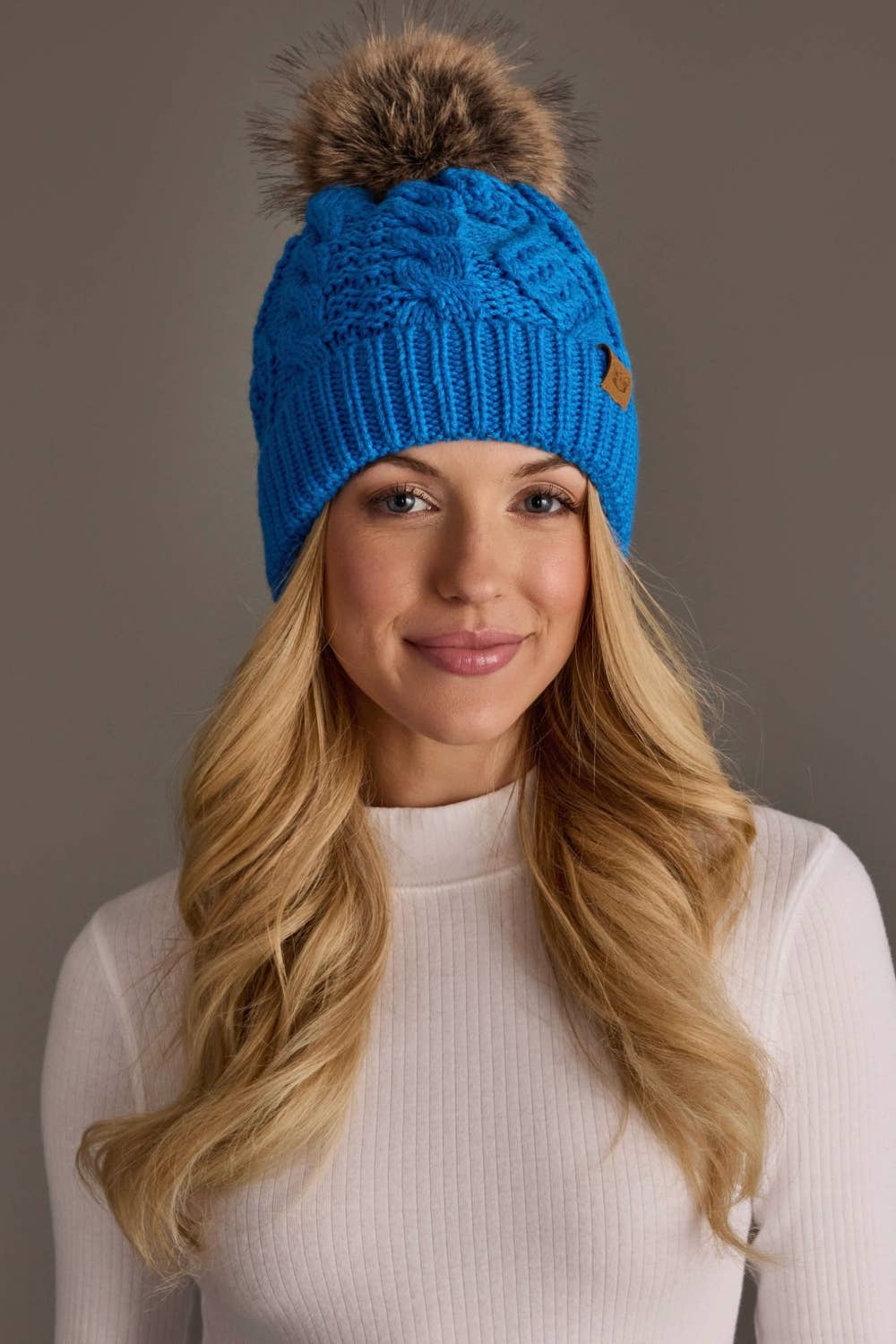 Blue Cable Knit Pom Hat