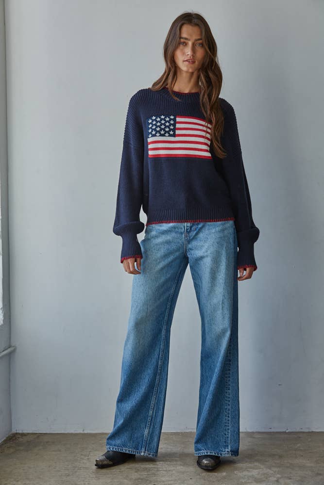 Knit Sweater Crew American Flag Pullover