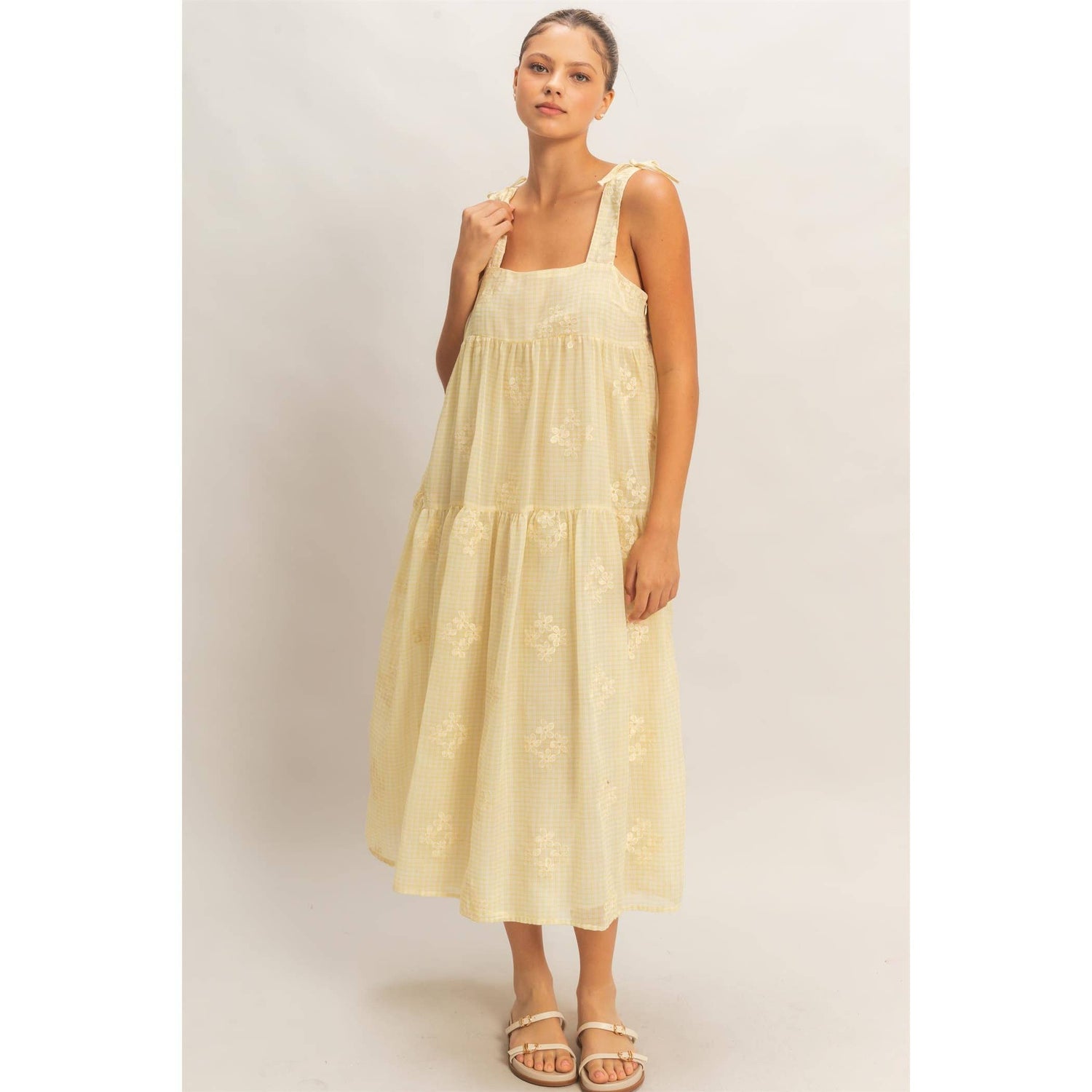 Tiered Gingham Dress With Embroidery
