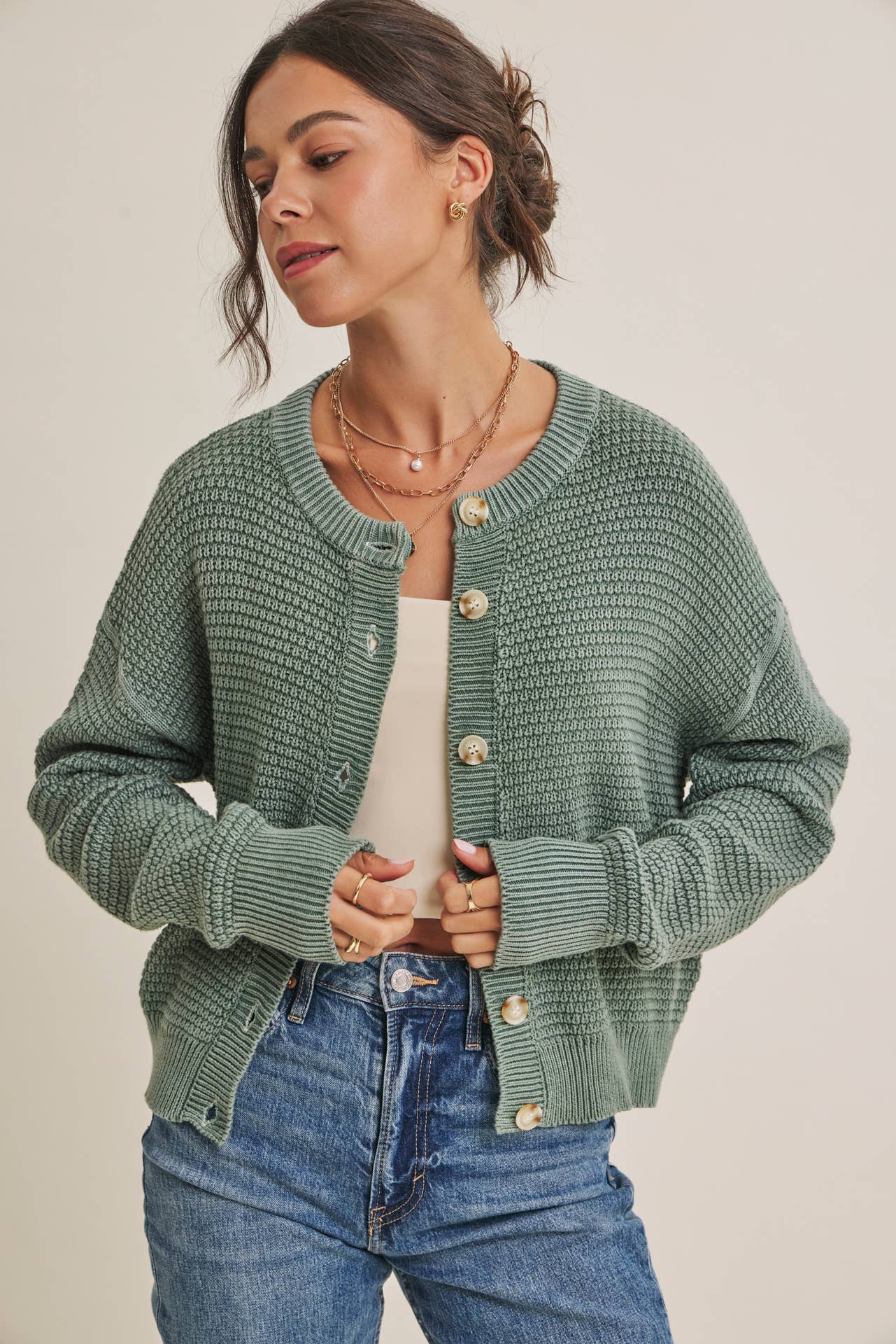 Cotton Waffle Button-Down Cardigan
