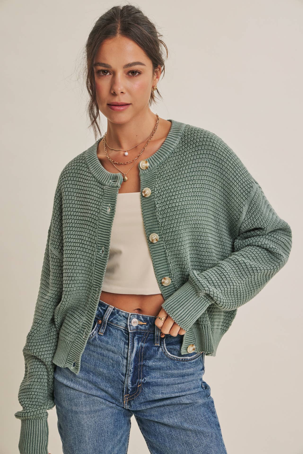 Cotton Waffle Button-Down Cardigan