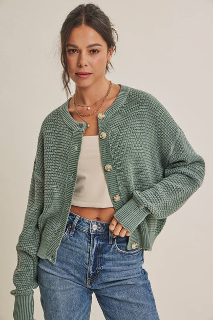 Cotton Waffle Button-Down Cardigan