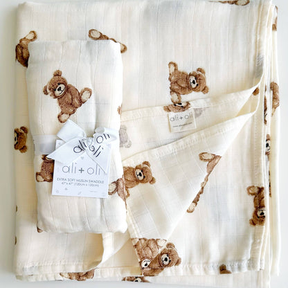 Teddy Bamboo Muslin Swaddle Baby Blanket