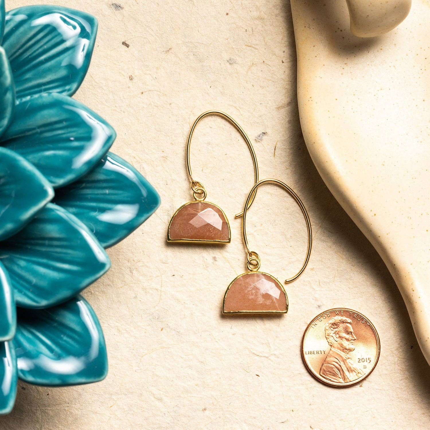 Peach Moonstone Half Circle Dangle Earrings