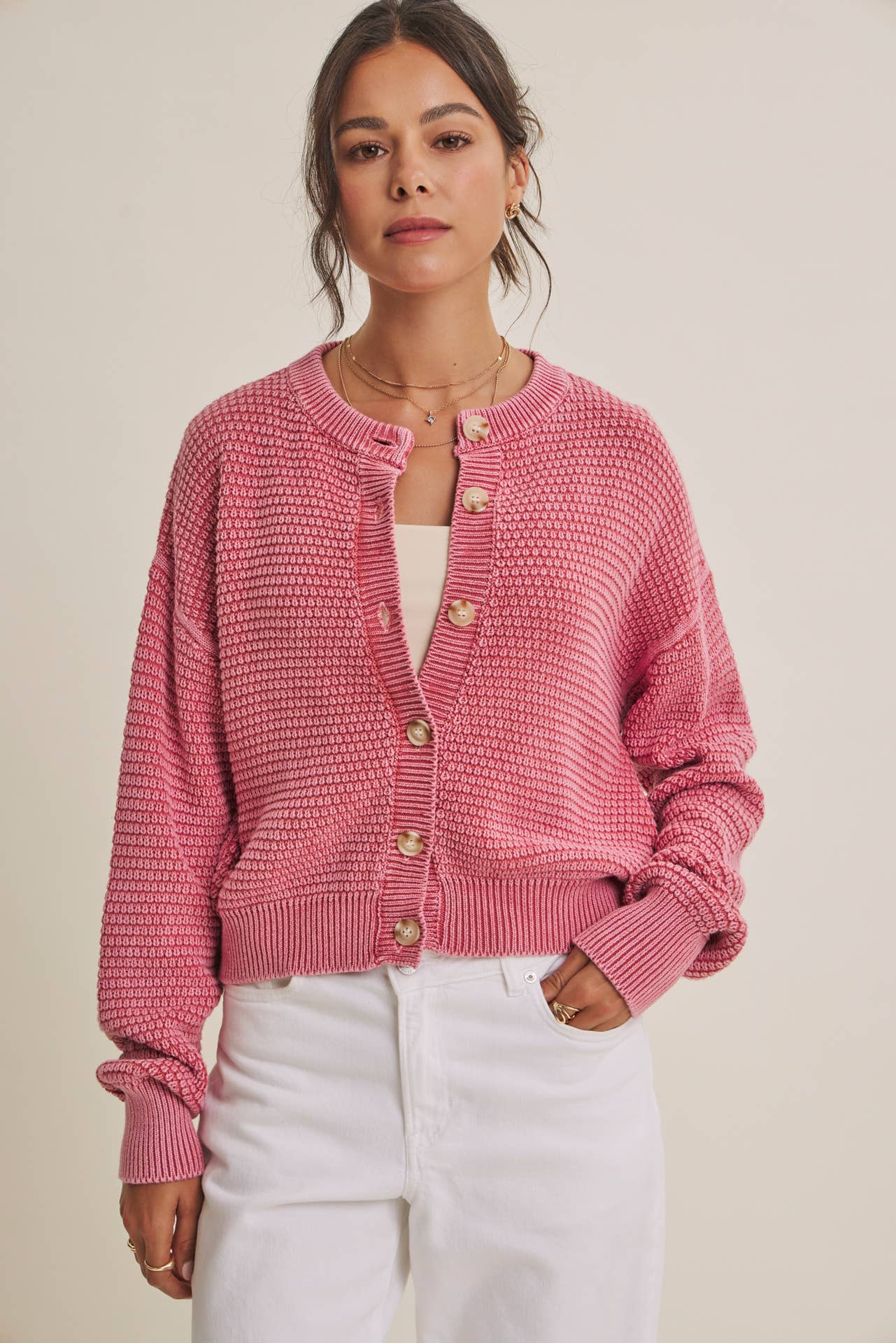 Cotton Waffle Button-Down Cardigan
