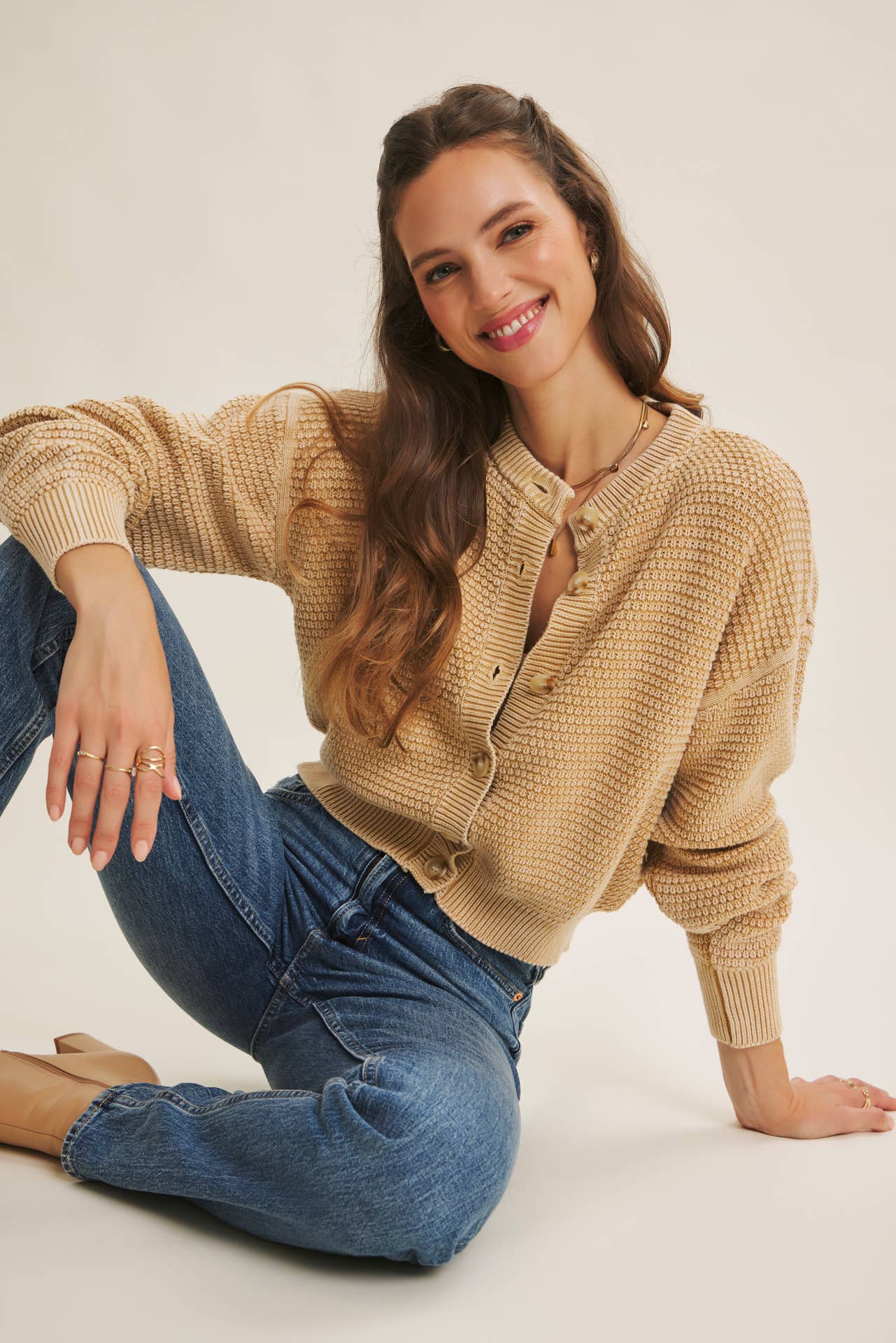 Cotton Waffle Button-Down Cardigan