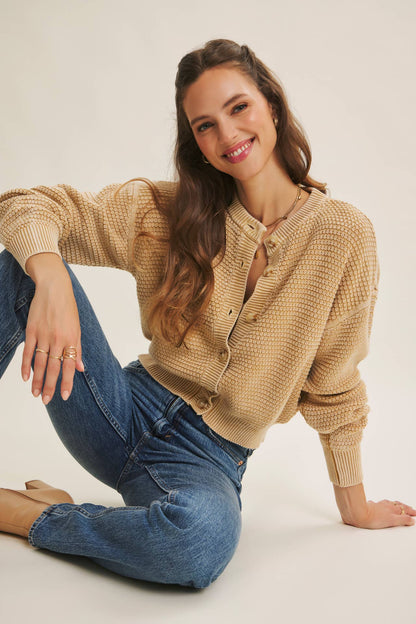 Cotton Waffle Button-Down Cardigan