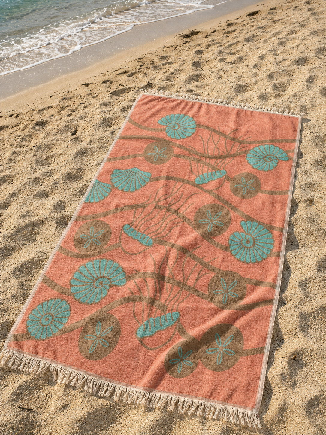 Coral and Teal Seashell Turkish Towel