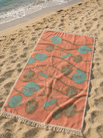 Coral and Teal Seashell Turkish Towel