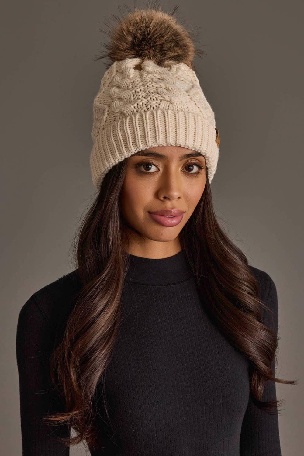 Beige Cable Knit Pom Hat