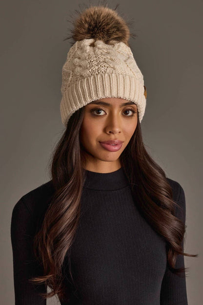 Beige Cable Knit Pom Hat