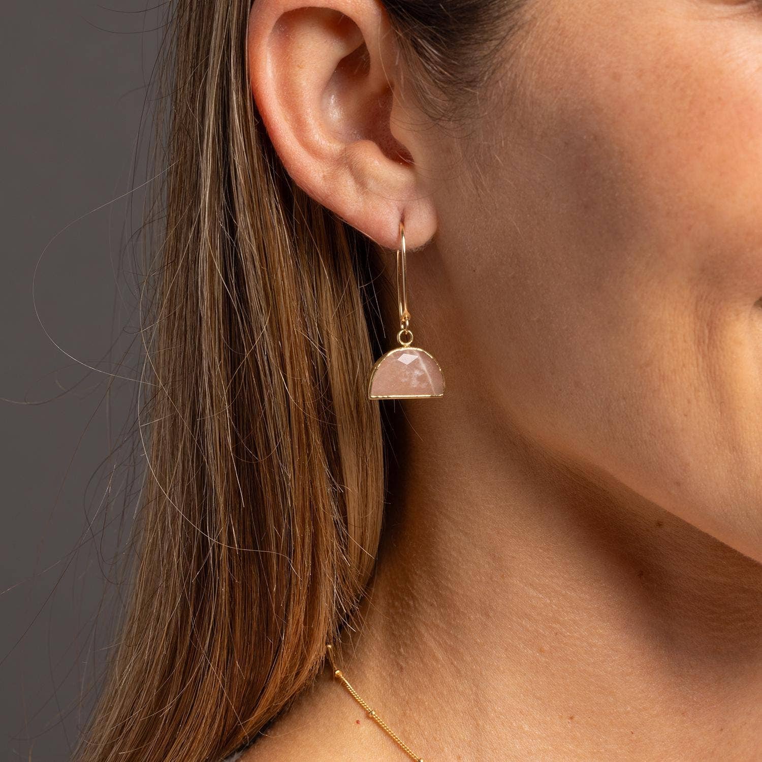 Peach Moonstone Half Circle Dangle Earrings