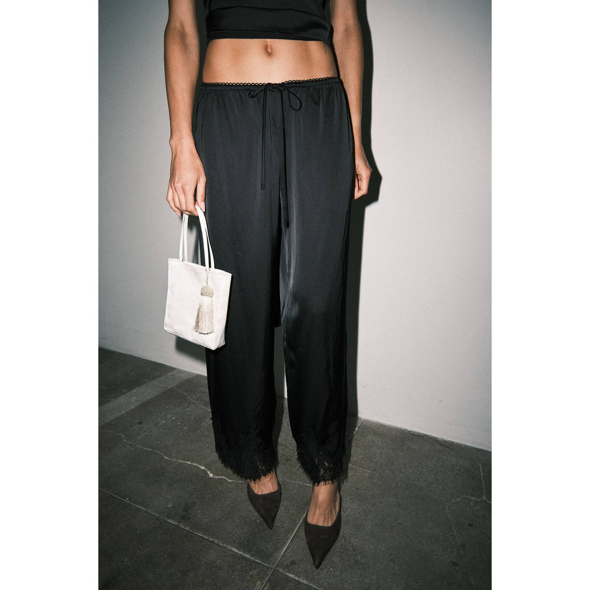 Mireya Satin Lace Hem Palazzo Pants