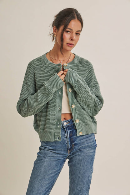 Cotton Waffle Button-Down Cardigan
