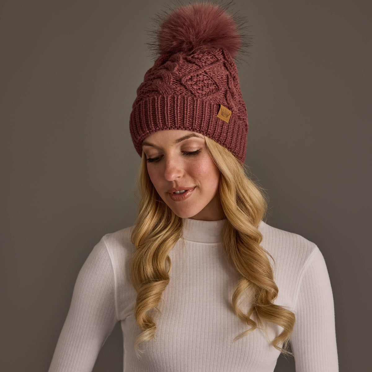Mauve Cable Knit Pom Hat