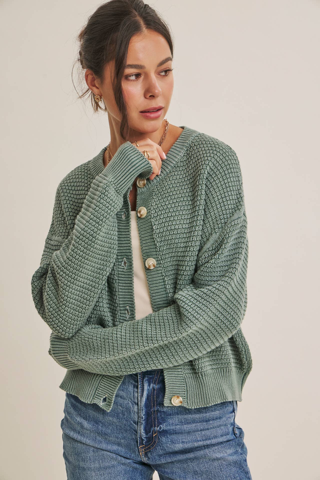 Cotton Waffle Button-Down Cardigan
