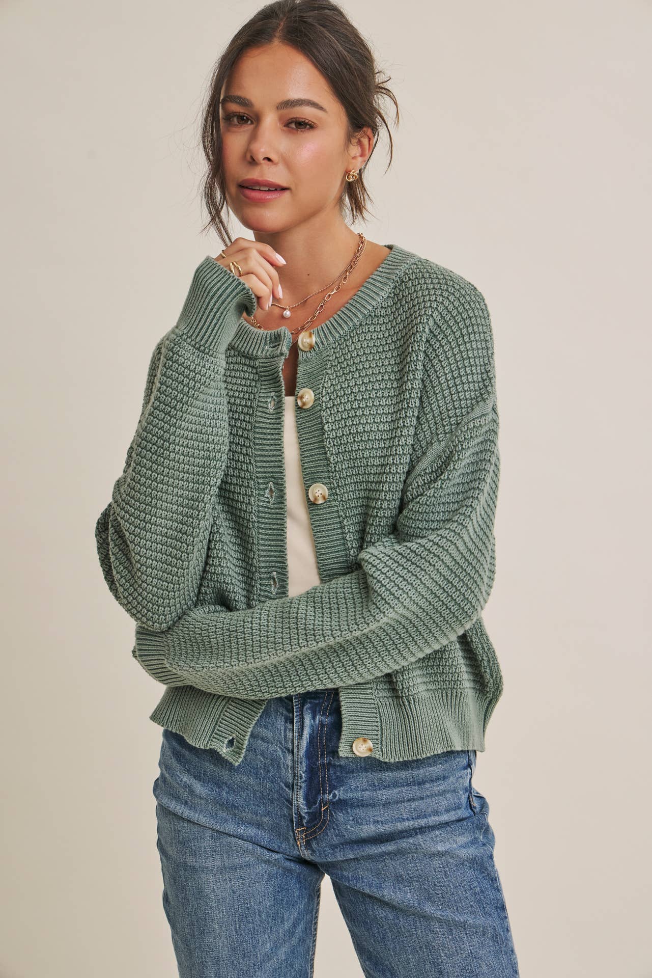 Cotton Waffle Button-Down Cardigan