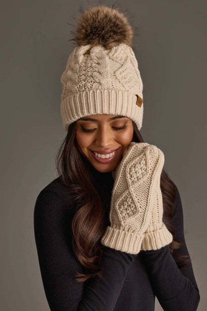 Beige Cable Knit Pom Hat