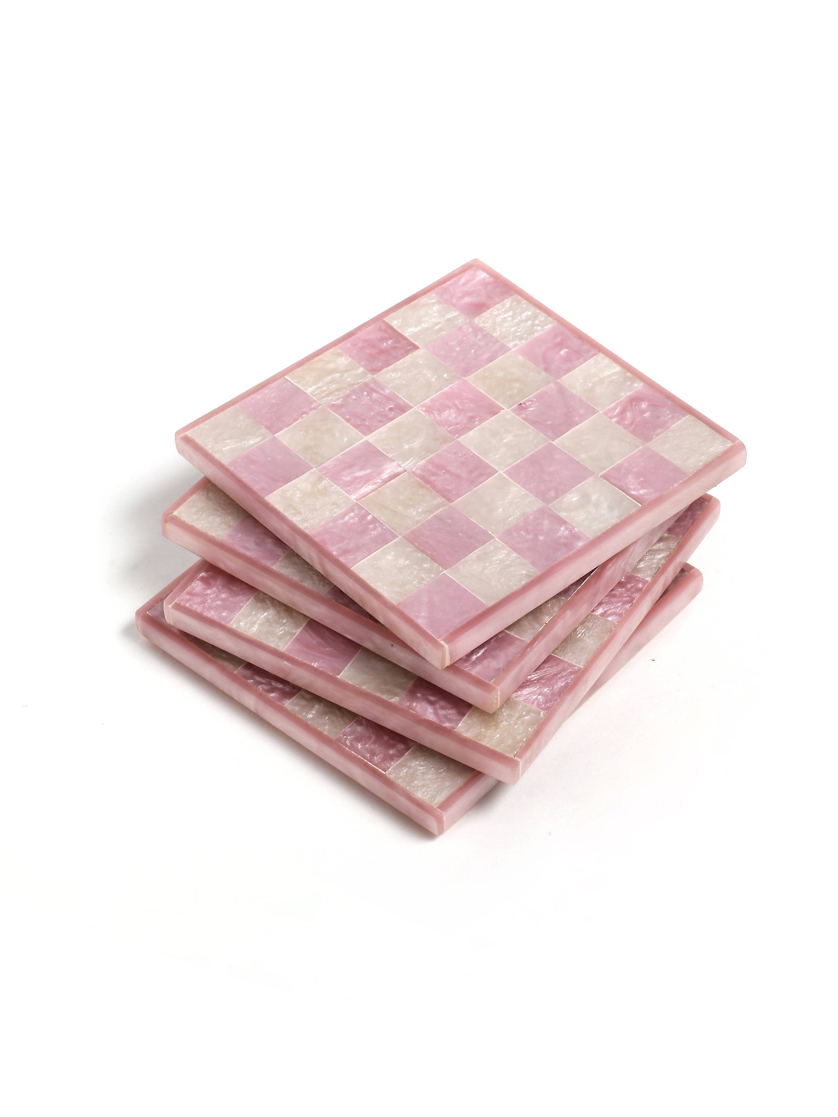 Pink Check Resin Coaster Set