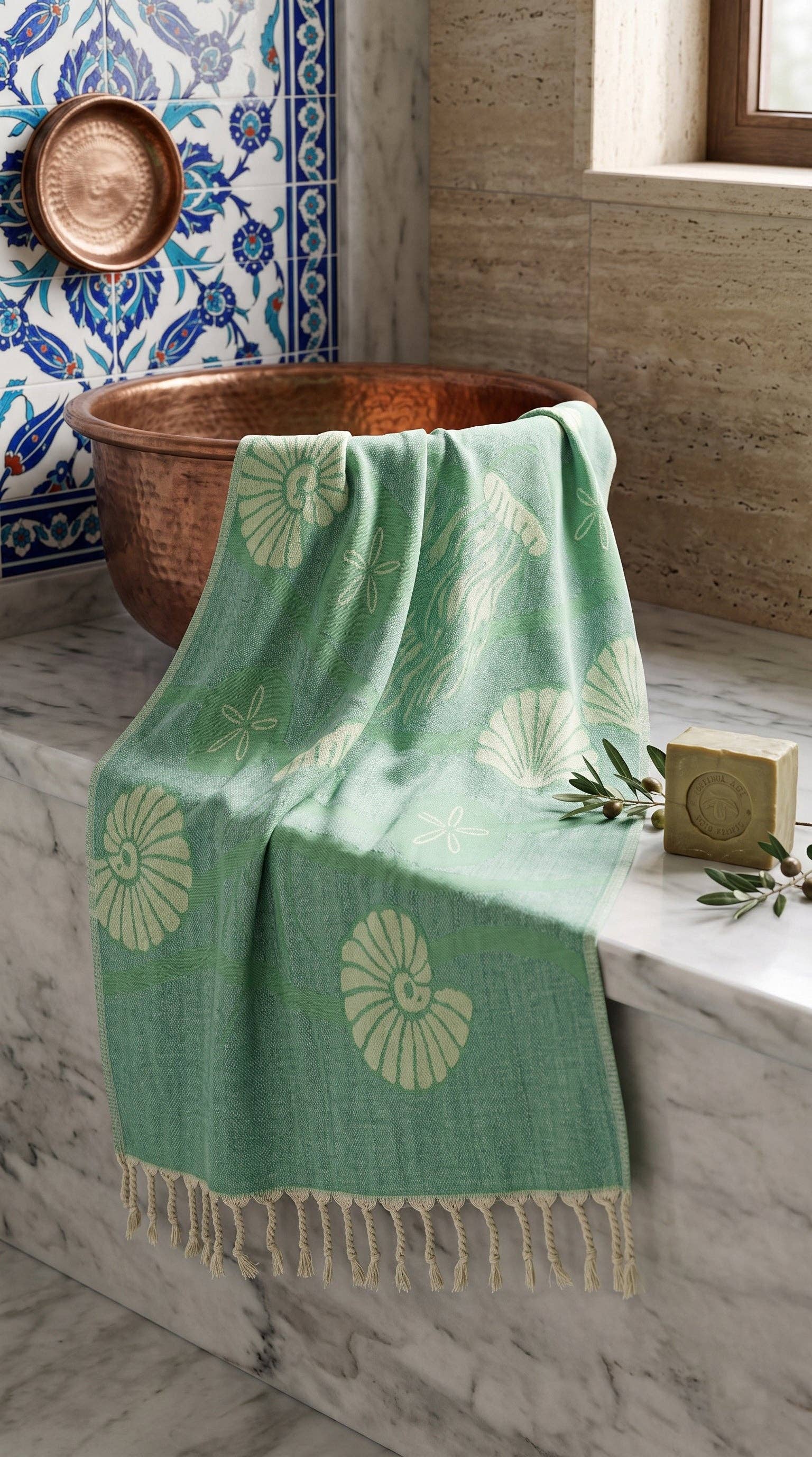 Green Seashell Turkish Towel