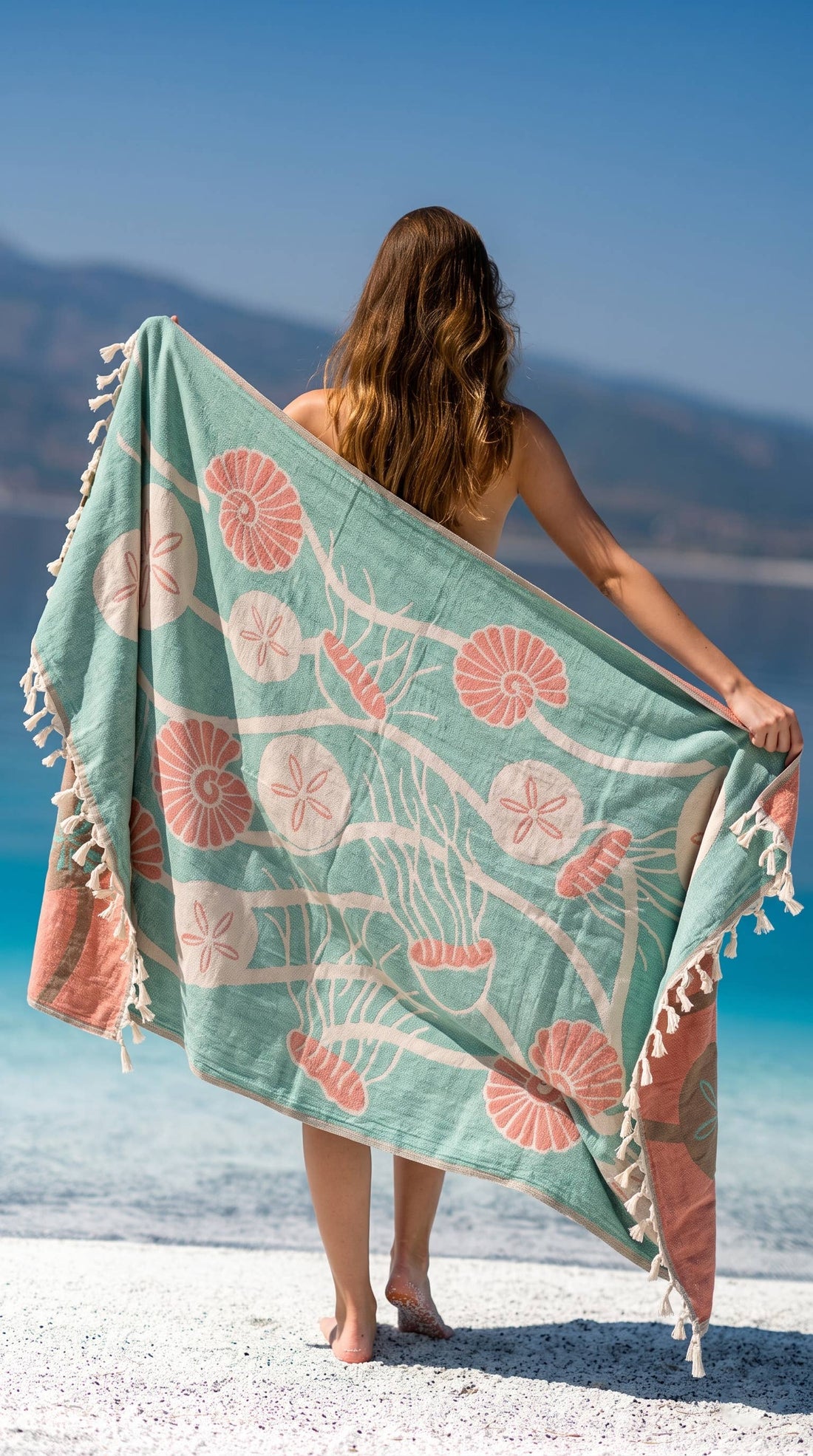 Coral and Teal Seashell Turkish Towel