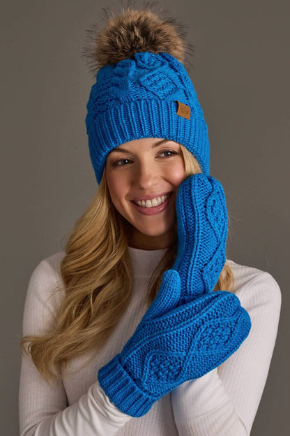 Blue Cable Knit Pom Hat