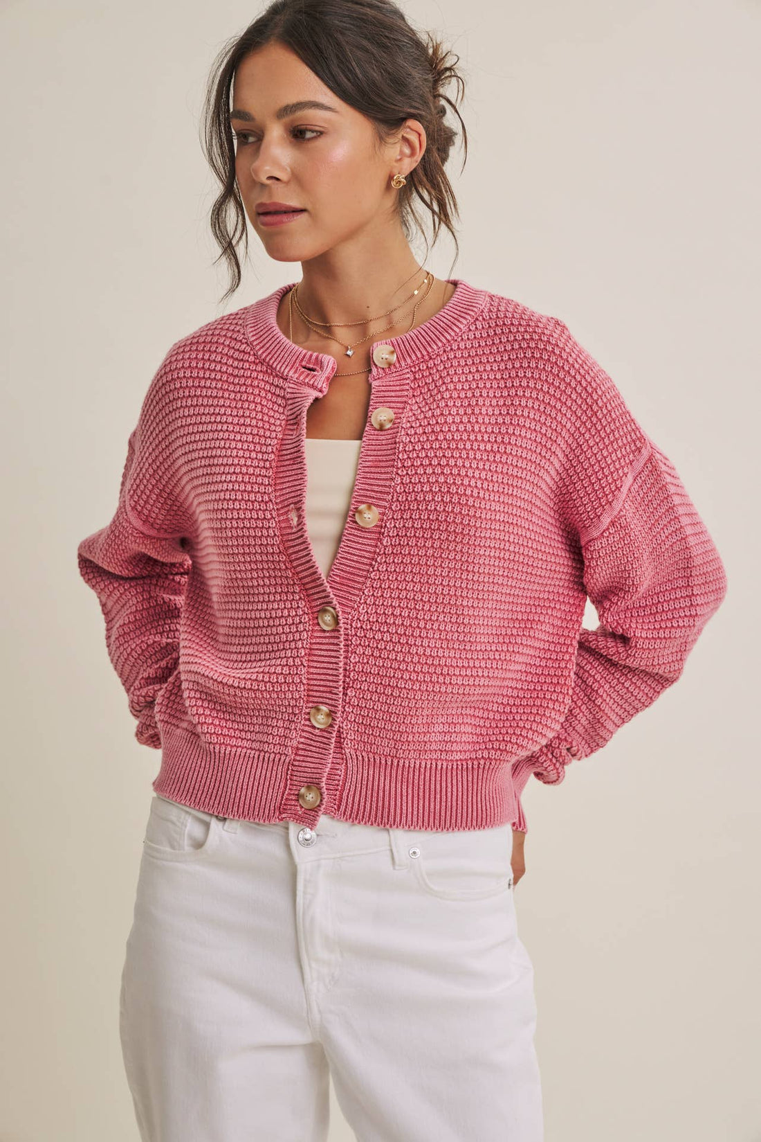 Cotton Waffle Button-Down Cardigan