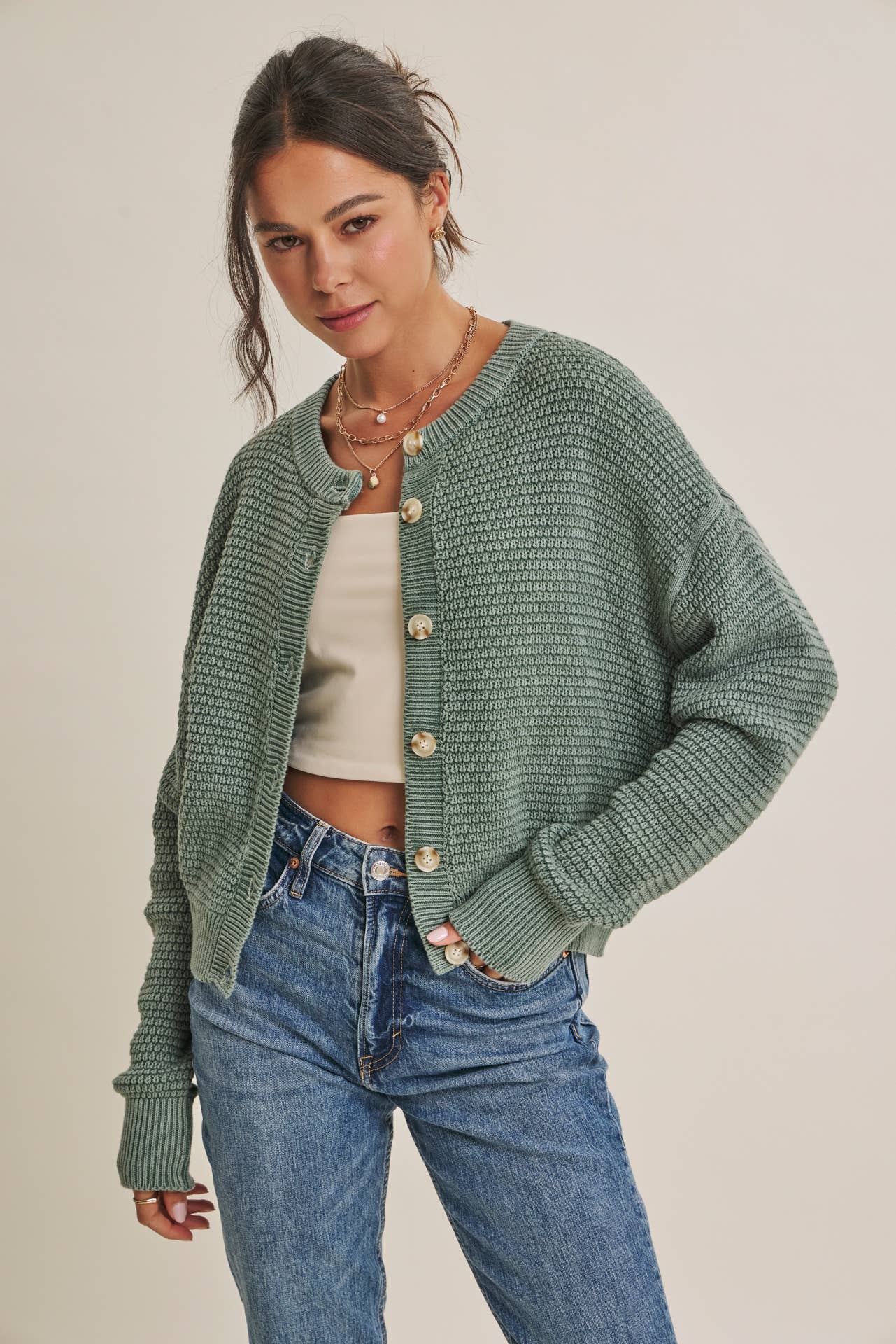 Cotton Waffle Button-Down Cardigan
