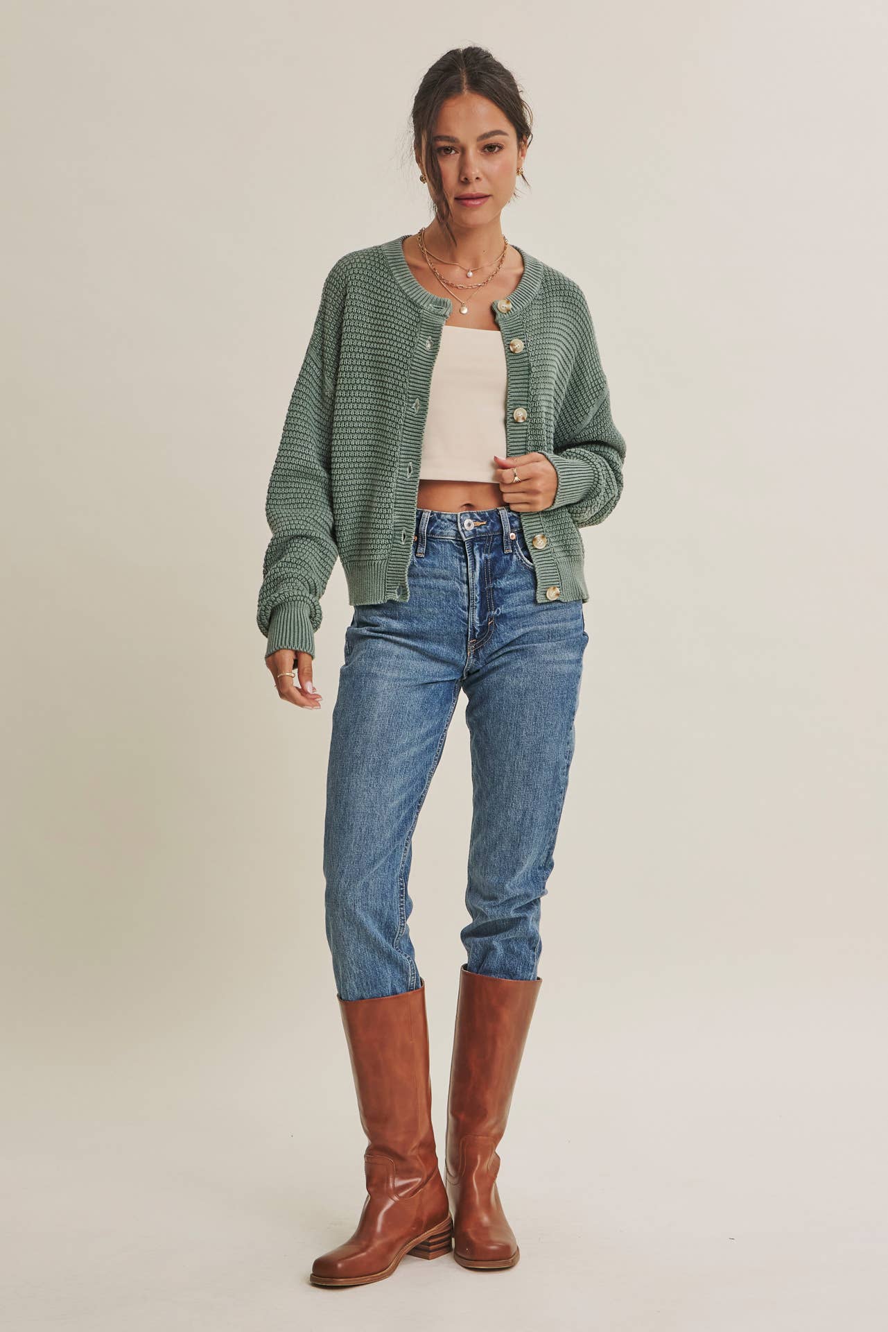 Cotton Waffle Button-Down Cardigan