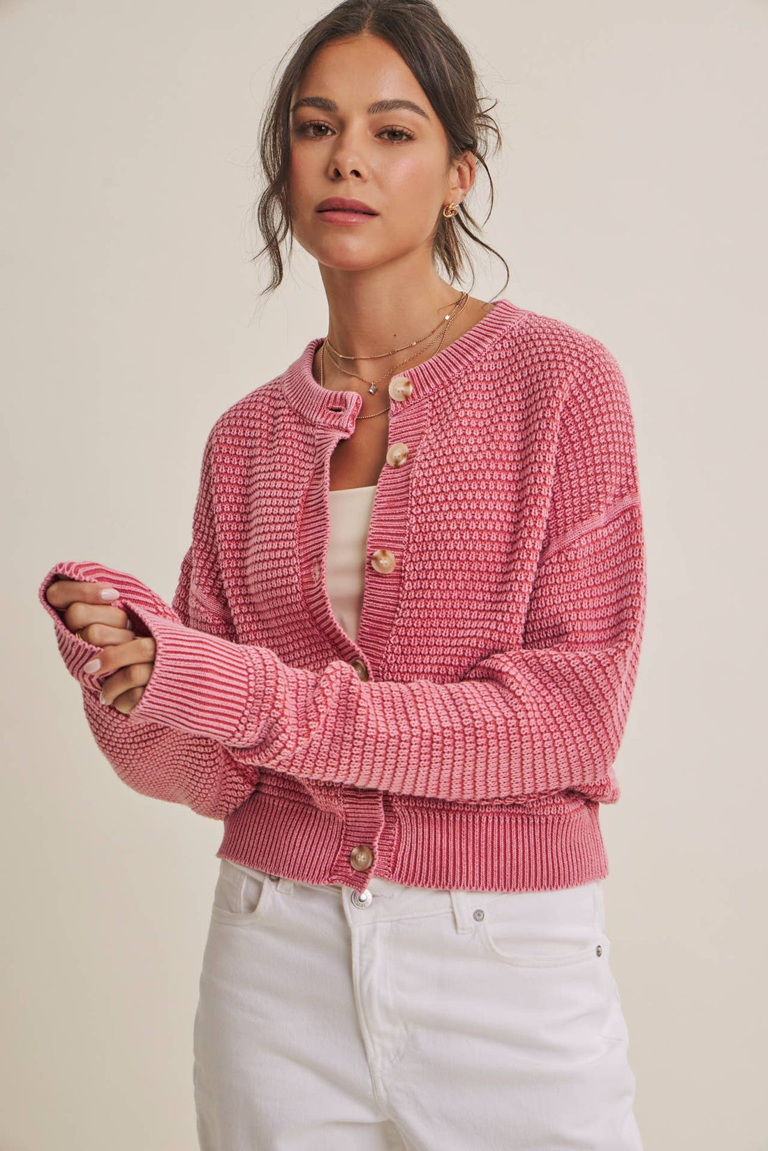 Cotton Waffle Button-Down Cardigan