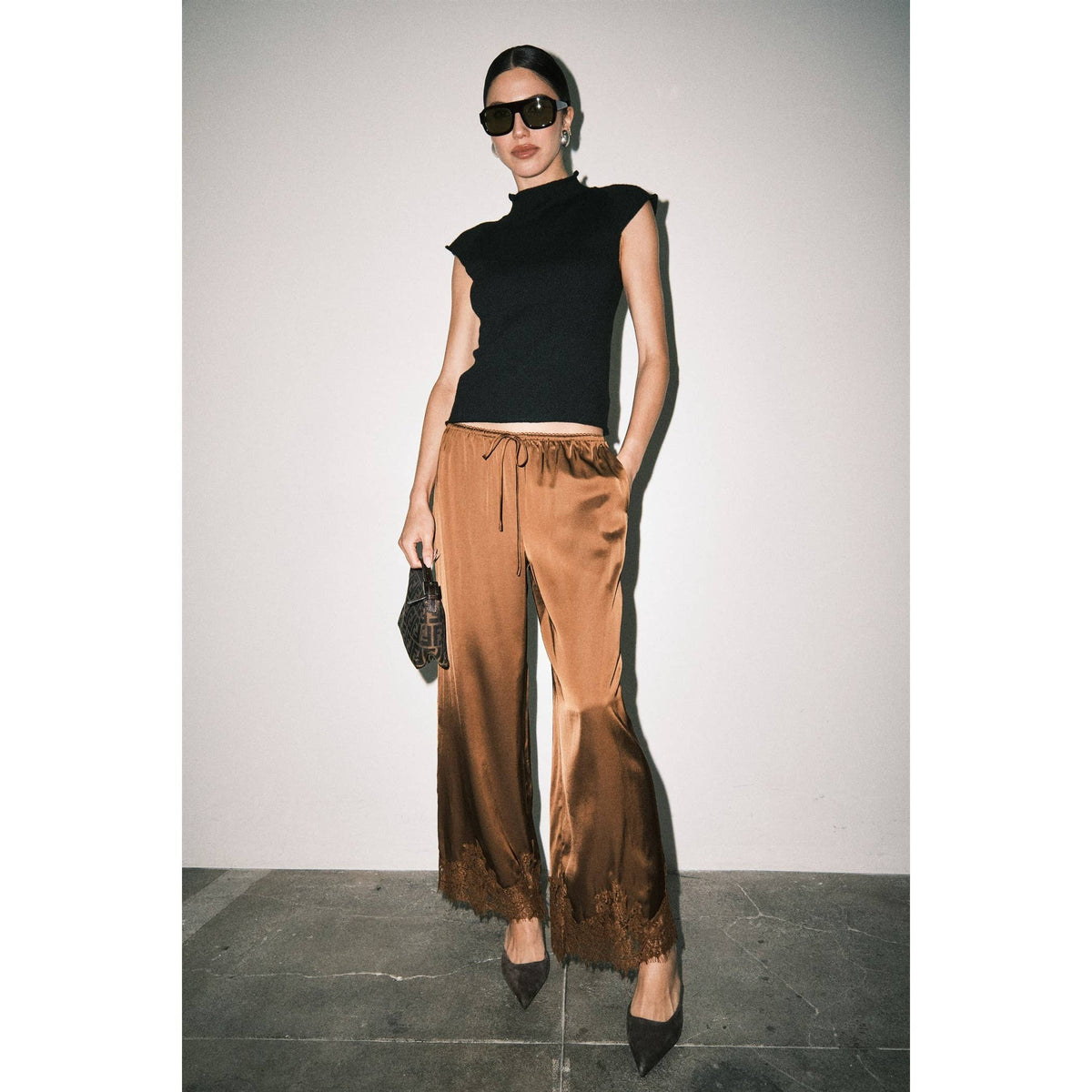 Mireya Satin Lace Hem Palazzo Pants