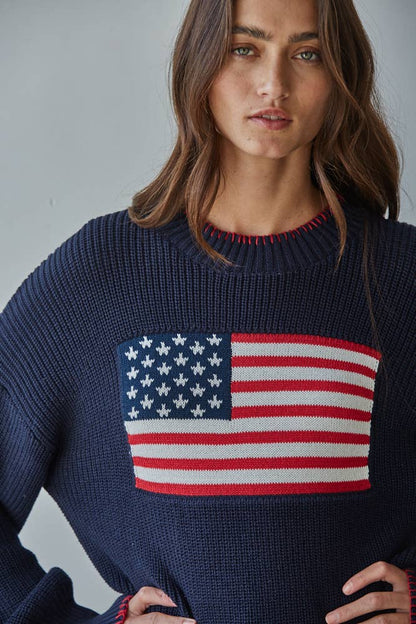 Knit Sweater Crew American Flag Pullover