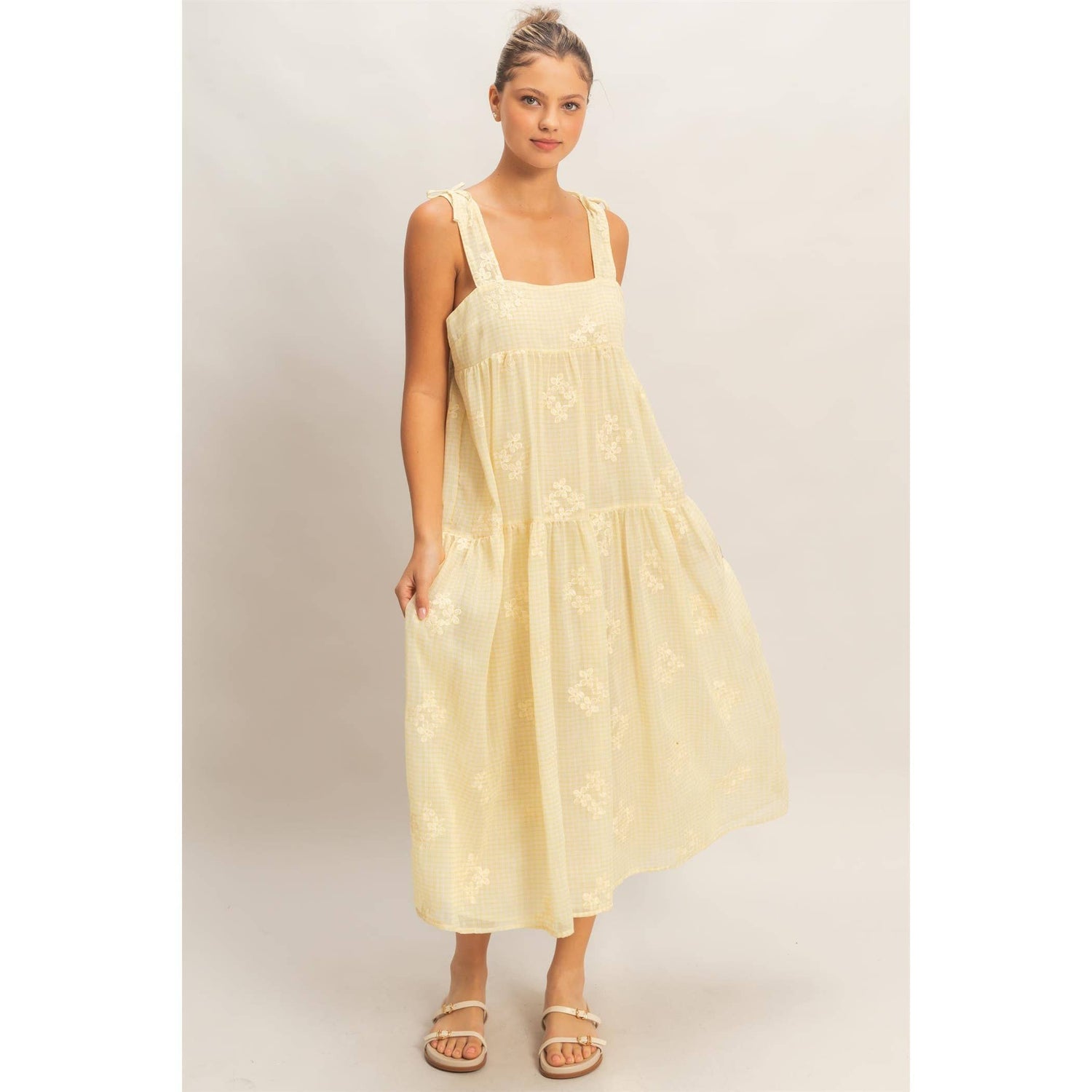 Tiered Gingham Dress With Embroidery