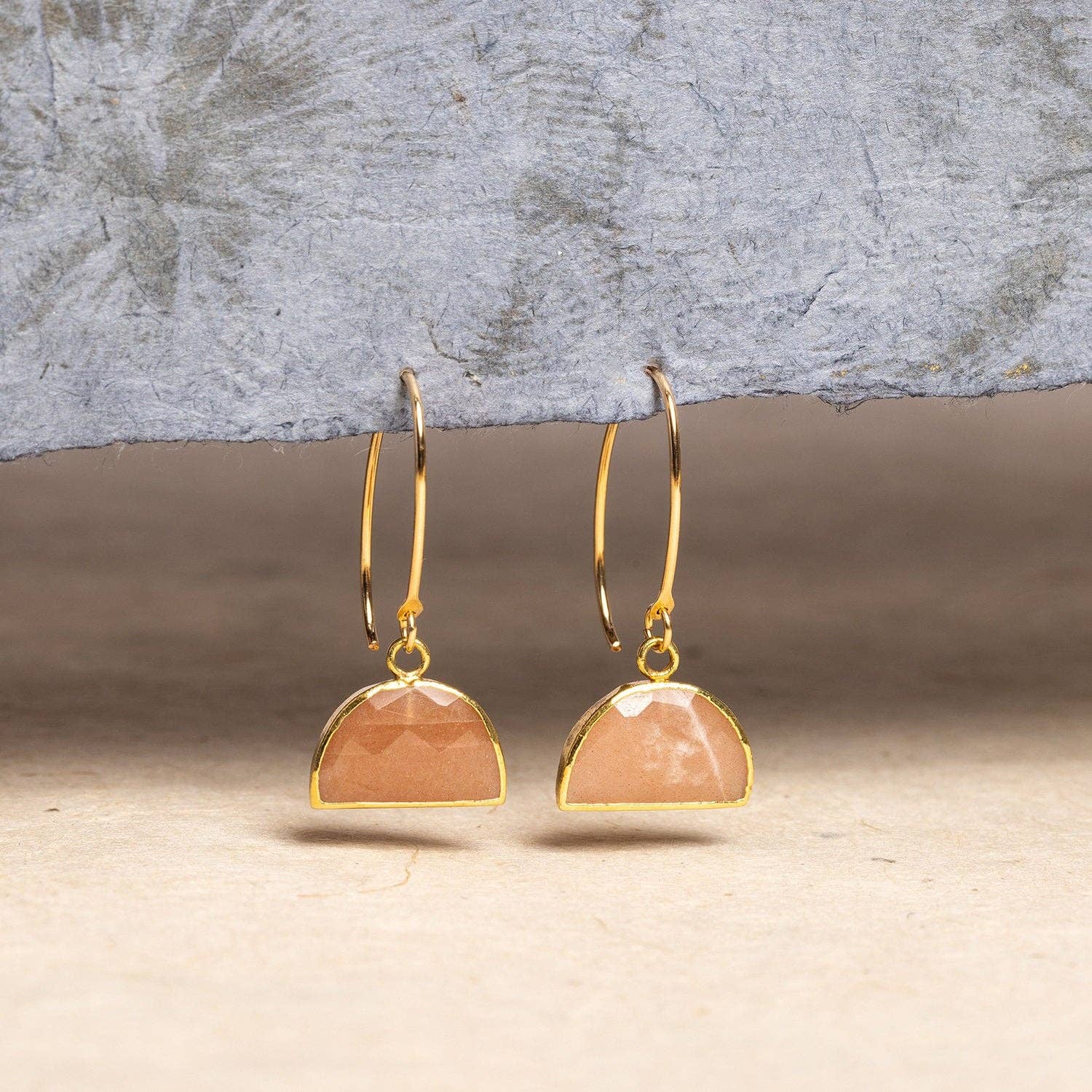 Peach Moonstone Half Circle Dangle Earrings