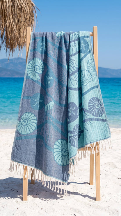 Blue Seashell Turkish Towel