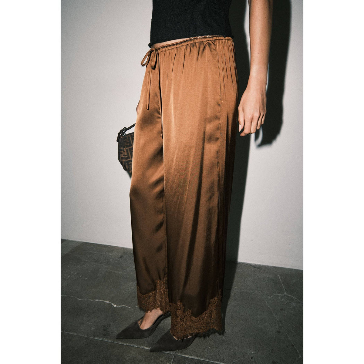 Mireya Satin Lace Hem Palazzo Pants