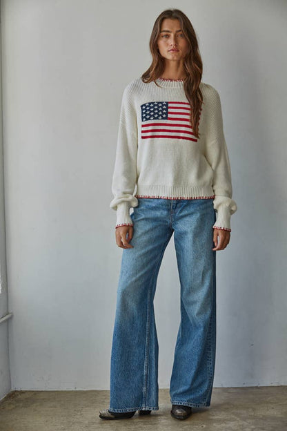 Knit Sweater Crew American Flag Pullover
