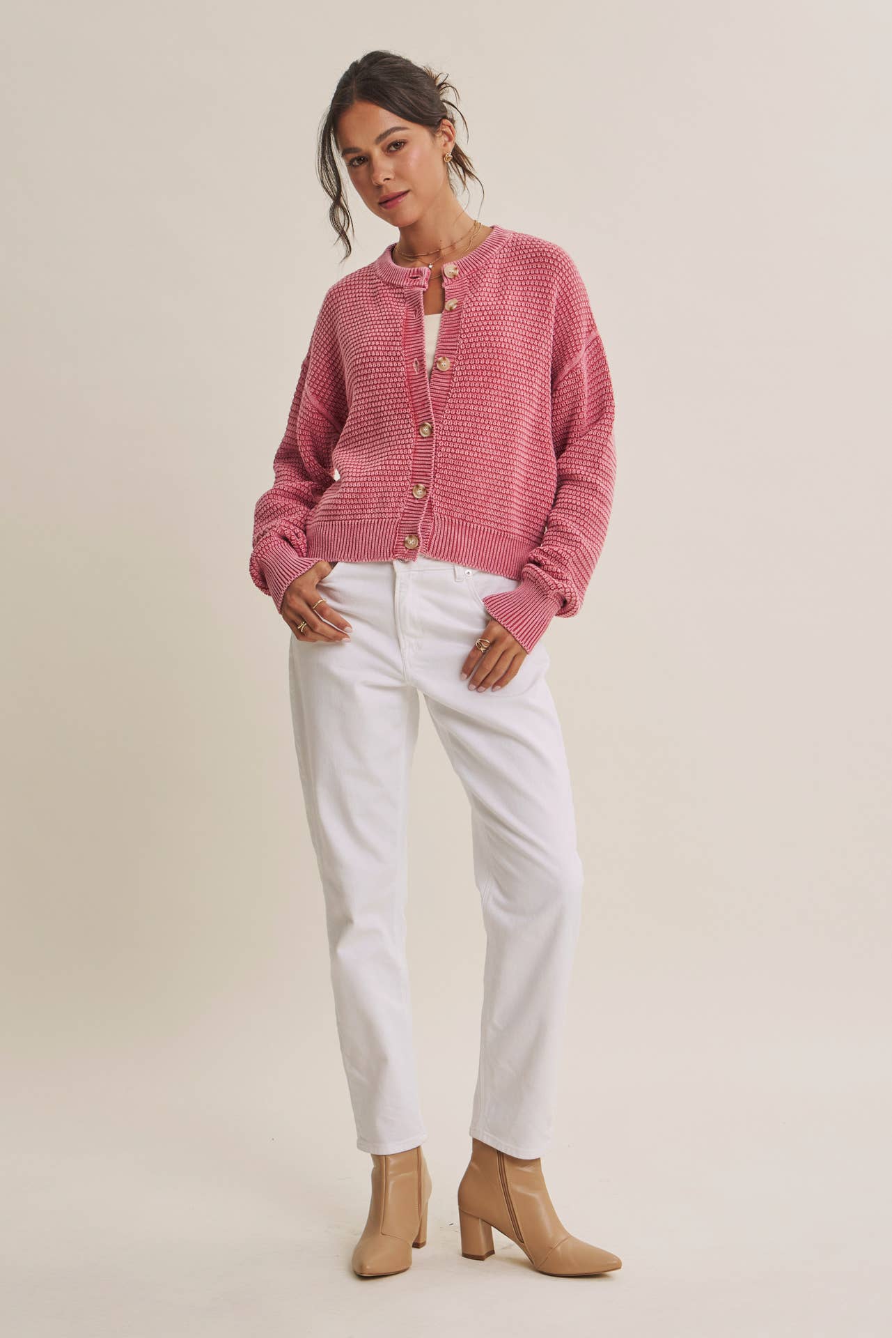 Cotton Waffle Button-Down Cardigan