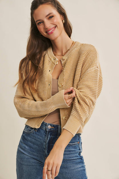 Cotton Waffle Button-Down Cardigan