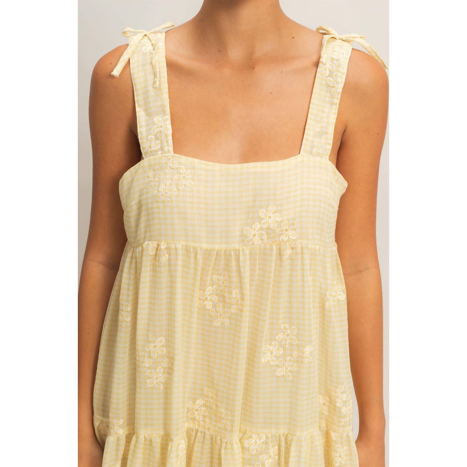 Tiered Gingham Dress With Embroidery