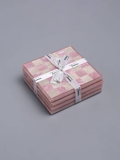 Pink Check Resin Coaster Set