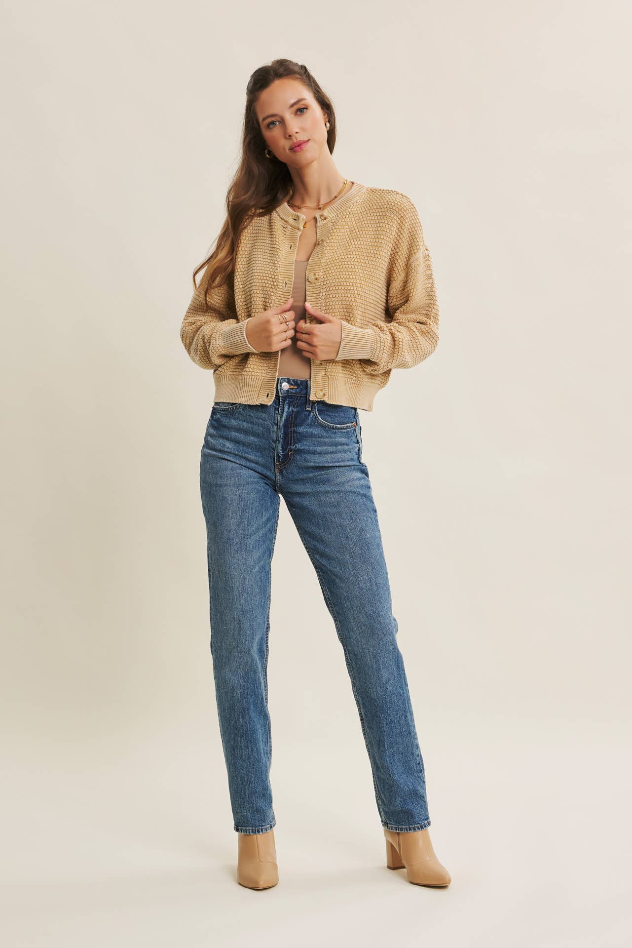Cotton Waffle Button-Down Cardigan